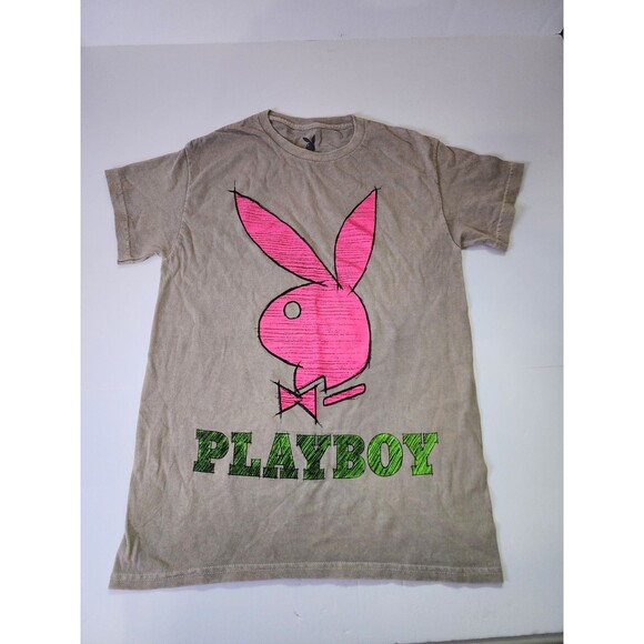 Playboy Bunny T-Shirt Mens Small Brown Pink Bunny Graphic Green Logo Print - Picture 1 of 6